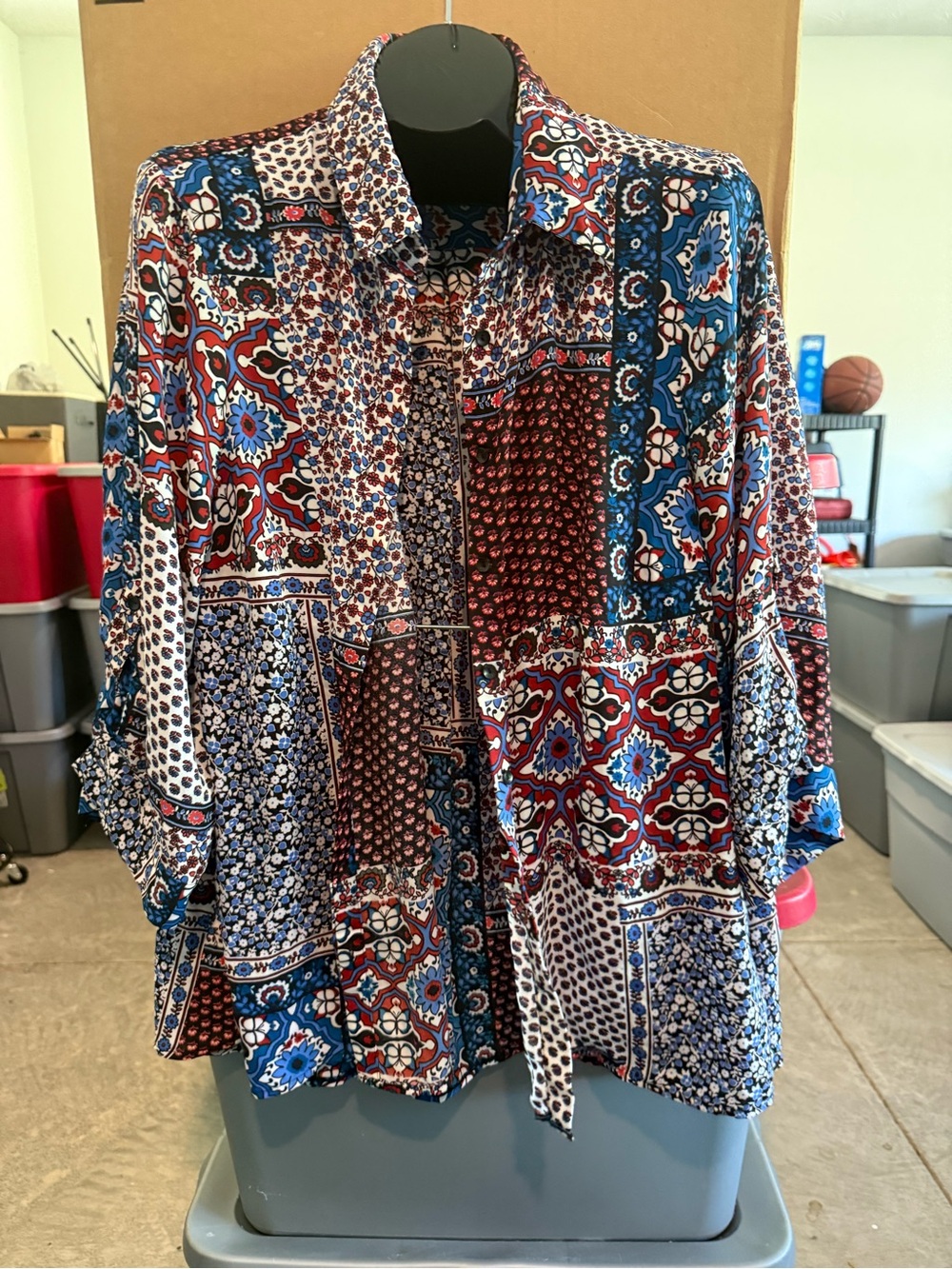 Patchwork Print Button-Up Shirt - Blue & Red mp71